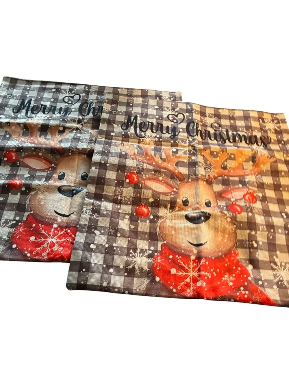 Festive Reindeer Christmas Pillow Covers Red/Brown set 2 17.5 x 17.5 doublesided